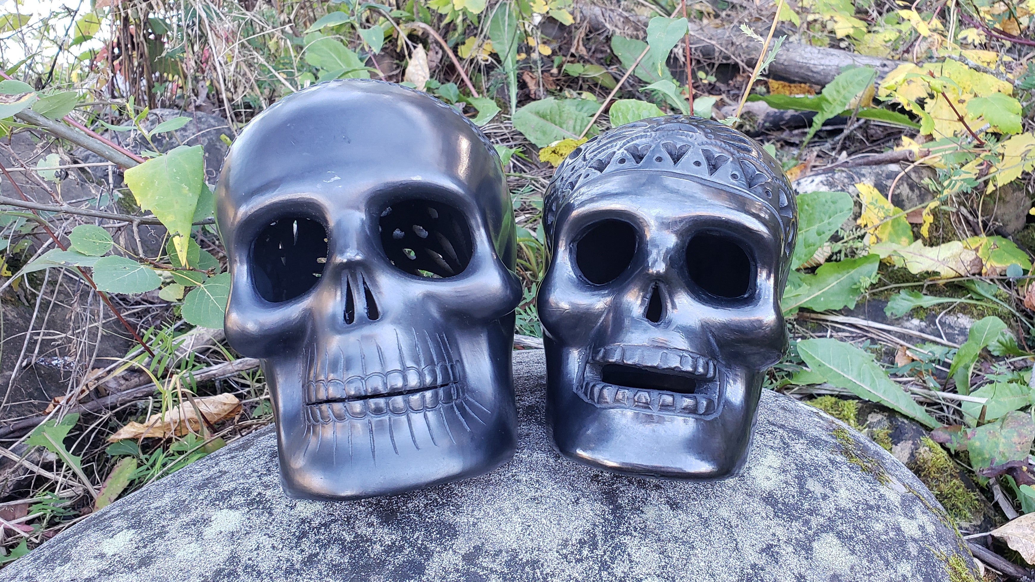 Catrina and Catrin Day of the Dead Clay Ceramic Skulls